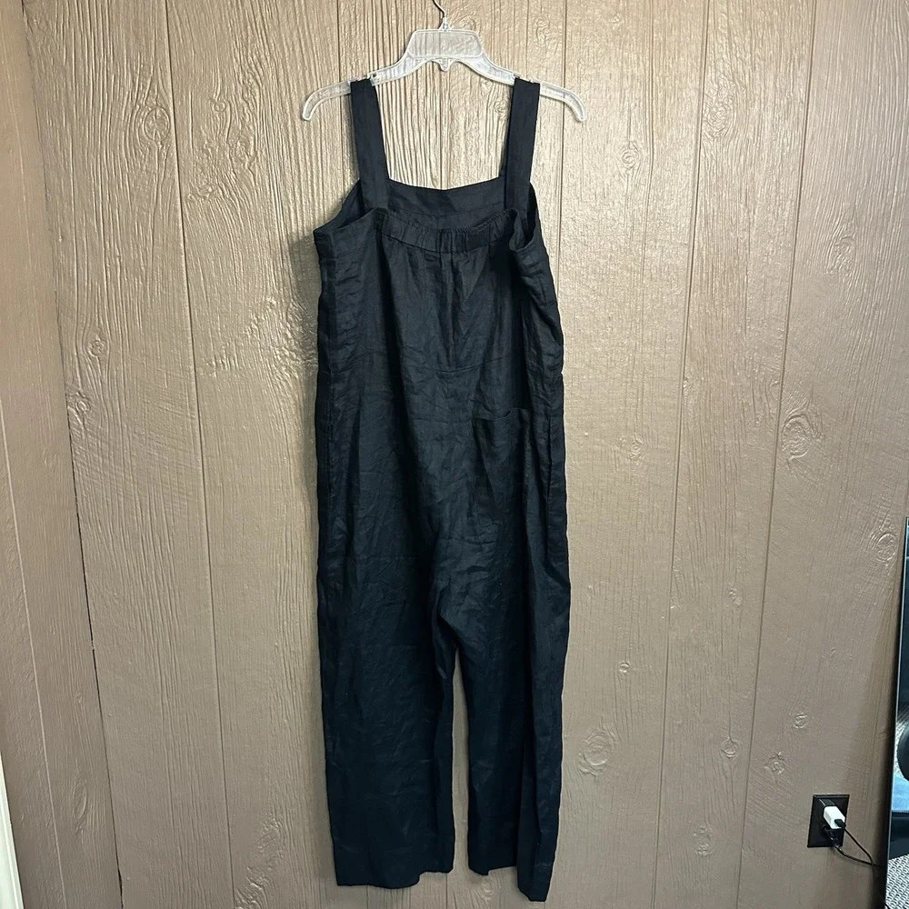 Quince Women's 100% European Black Linen Square Neck Light Weight Jumpsuit Sz L